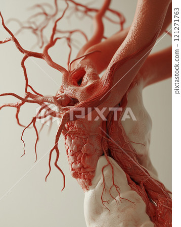 Detailed representation of the aorta in 3D, showcasing its path through the body with clear arterial branches. Image of the aorta Detailed representation of the aorta in 3D, showcasing its path through the body with clear arterial branches. Image of the aorta 121271763