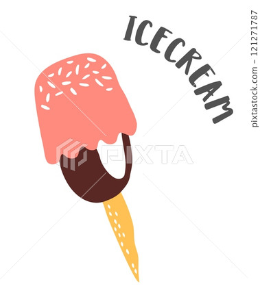 Ice Cream in a waffel cone drawing hand painted with ink brush 121271787