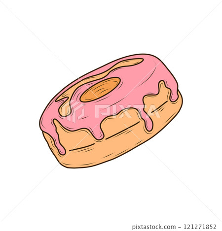 Sweet whole donut, donut ring with strawberry glaze. Cartoon flat vector illustration. Side view. Good for kids patterns, design food packaging, textile, children cards Sweet whole donut, donut ring with strawberry glaze. Cartoon flat vector illustration. Side view. Good for kids patterns, design food packaging, textile, children cards 121271852