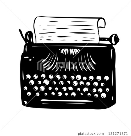 Typewriter vector illustration. Linear drawing in outline style. Engraved retro machine with keys for nostalgic design in office style. Perfect for greeting cards or literary-themed invitations. Typewriter vector illustration. Linear drawing in outline style. Engraved retro machine with keys for nostalgic design in office style. Perfect for greeting cards or literary-themed invitations. 121271871