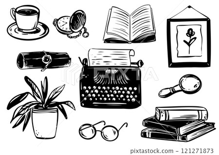 Stationery vector set. Etched supplies like book, cup, and scroll in black outline style on white background. Collection of supplies, including typewriter and candle, in simple black line art style. 121271873