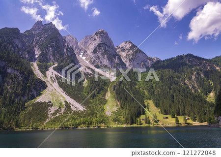 Beautiful nature on the shores of the Vorderer Gosausee lake near Gosau, Austria, sunny summer day Beautiful nature on the shores of the Vorderer Gosausee lake near Gosau, Austria, sunny summer day 121272048