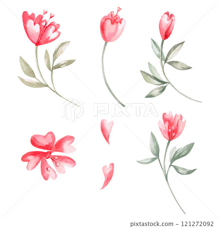 Set of fantasy flowers in watercolor. Isolated watercolor illustration for design of cards, invitations, posters, fabric printing, decoration of children's rooms, clothes. 121272092