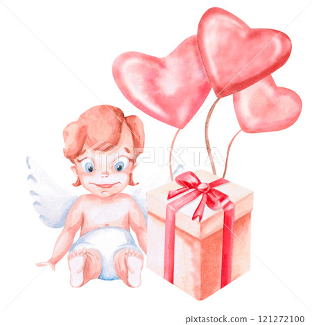Sitting angel with balloons and gift box. Isolated watercolor illustration for Valentine's Day, children's parties, birthdays, posters, fabric printing 121272100