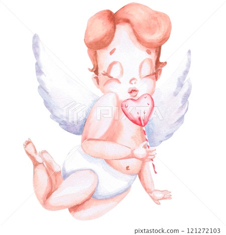 Flying angel holding a heart-shaped lollipop. Isolated watercolor illustration for Valentine's Day, children's parties, birthdays, posters, fabric printing 121272103