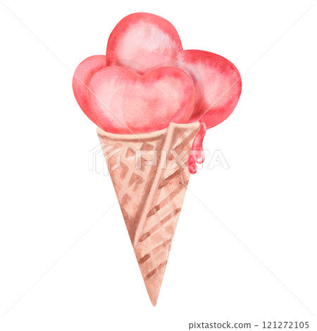 Ice cream cone with heart shaped balls. Watercolor isolated illustration for Valentine's Day design, children's birthday party decoration, fabric printing 121272105
