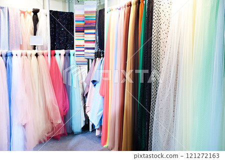 Organza fabrics in textile store 121272163