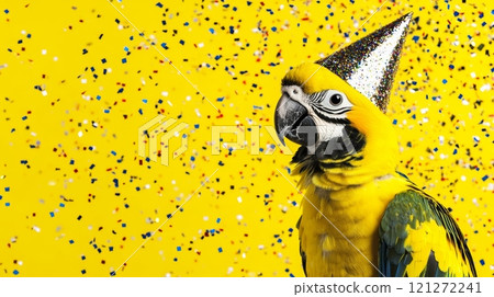 Colorful Parrot Celebrating Party with Sparkling Confetti on Bright Yellow Background Aai generative 121272241