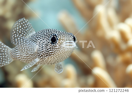 Spotted Pufferfish Swimming Among Coral Reefs in Clear Ocean Waters Aai generative 121272246