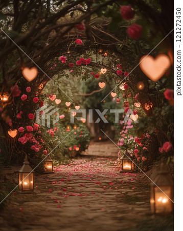 A romantic garden archway adorned with pink roses and heart-shaped lights creates a magical atmosphere for evening strolls A romantic garden archway adorned with pink roses and heart-shaped lights creates a magical atmosphere for evening strolls 121272450