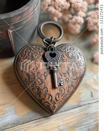 A beautifully crafted heart-shaped lock with an ornate key resting beside dried flowers on a rustic wooden surface A beautifully crafted heart-shaped lock with an ornate key resting beside dried flowers on a rustic wooden surface 121272451