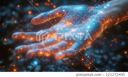 A glowing hand illuminated with orange and blue lights, symbolizing futuristic technology and energy 121272495