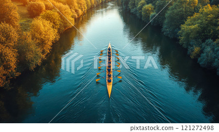 A vibrant aerial view of a rowing team on a turquoise river, flanked by lush foliage and rocky banks 121272498