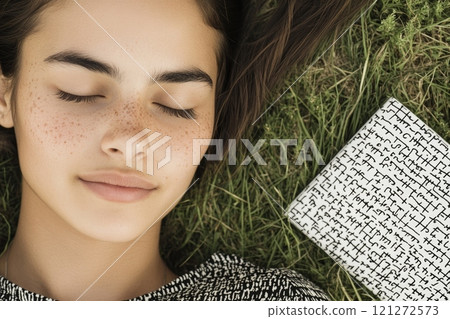 Peaceful Young Woman Relaxing Outdoors with Book on Grass Aai generative 121272573
