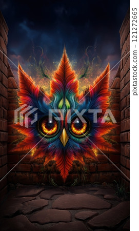 Mystical owl face with vibrant rainbow feathers and fiery eyes emerging between brick walls with stone path below. Guardian wisdom concept. 121272665