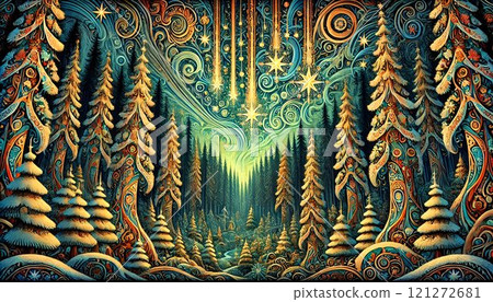 An Enchanting Night in a Magical Forest Filled with Stars and Stunning Northern Lights 121272681