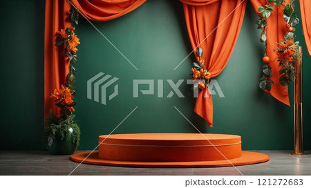 Orange autumn podium with floral drapes on green backdrop Orange autumn podium with floral drapes on green backdrop 121272683