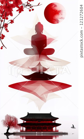 A serene Buddha figure in an abstract red landscape, embodying tranquility and beauty 121272684
