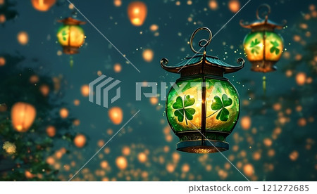 Lanterns with clover designs glowing in the dark 121272685