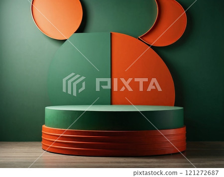 Green and orange autumn podium with geometric backdrop Green and orange autumn podium with geometric backdrop 121272687