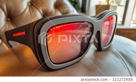 Futuristic AR or spa Glasses with Red Lenses on Leather Chair Futuristic AR or spa Glasses with Red Lenses on Leather Chair 121272688