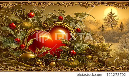 Golden decorative heart with nature elements, berries and leaves, in an intricate frame, against a scenic backdrop 121272702