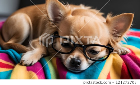 A Cute Dog Wearing Stylish Glasses is Relaxing Comfortably on a Colorful and Soft Blanket 121272705