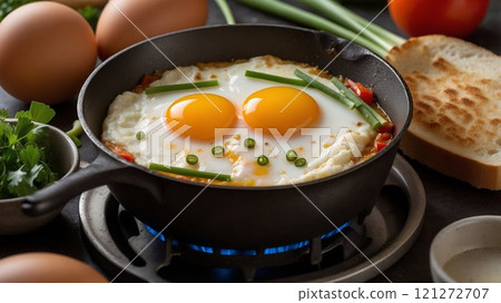 Enjoying a plate of Delicious Eggs in a Pan prepared with Fresh and Quality Ingredients 121272707