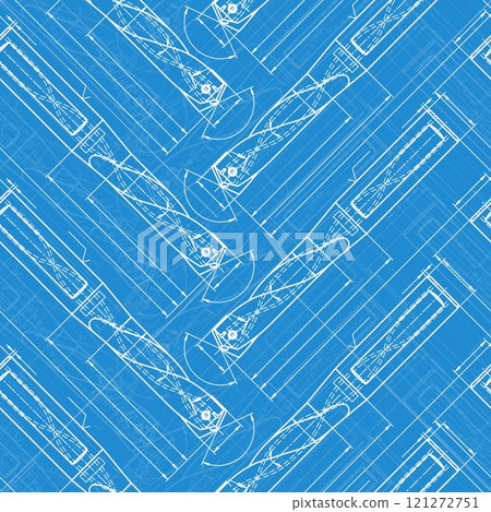 Mechanical engineering drawings on blue background. Drill tools, borer. Technical Design. Cover. Blueprint. Vector illustration. Seamless pattern. 121272751