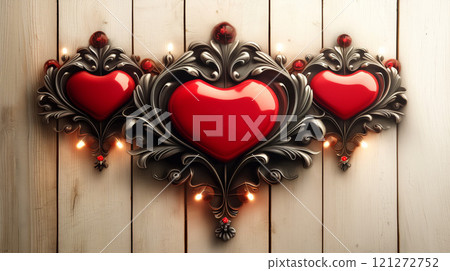 Three ornate red hearts with metallic frames and lights on a wooden background, stylish Valentine's Day decor 121272752