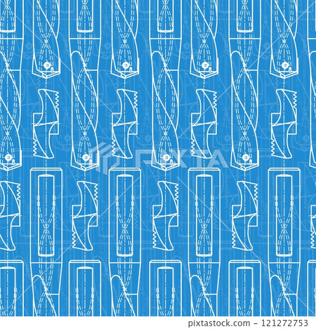 Mechanical engineering drawings on blue background. Drill tools, borer. Technical Design. Cover. Blueprint. Vector illustration. Seamless pattern. 121272753
