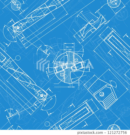 Mechanical engineering drawings on blue background. Drill tools, borer. Technical Design. Cover. Blueprint. Vector illustration. Seamless pattern. 121272756