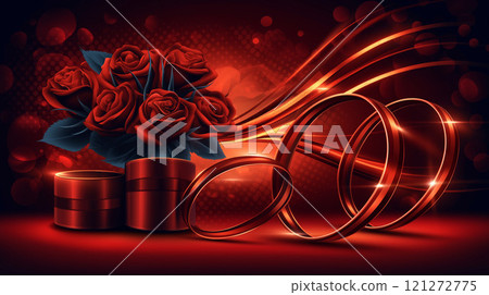 Red roses and wedding rings with ribbon on a glowing background, symbolizing love and marriage 121272775