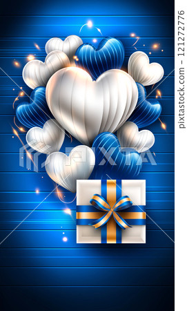 Blue and white hearts with gift box on a bright background, perfect for celebrations 121272776