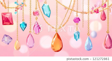 Vibrant Gemstone Pendants on Golden Chains Against Soft Pink Bokeh Background Aai generative Vibrant Gemstone Pendants on Golden Chains Against Soft Pink Bokeh Background Aai generative 121272861