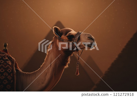 Camel in Desert Silhouette with Majestic Pyramids at Sunset Aai generative 121272918