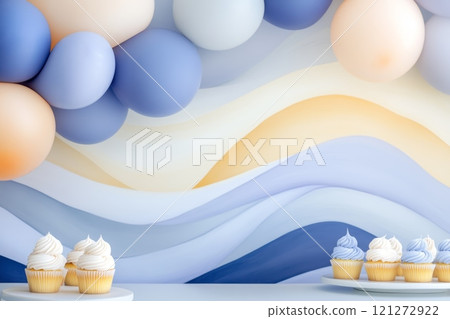 Colorful Balloons and Cupcakes Against a Soft Abstract Background Aai generative 121272922