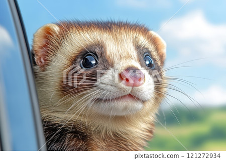 Curious Ferret Enjoying a Car Ride on a Sunny Day Aai generative 121272934