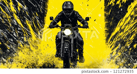 Dynamic Motorcycle Rider in Black Helmet Against Vibrant Yellow Splash Background Aai generative 121272935