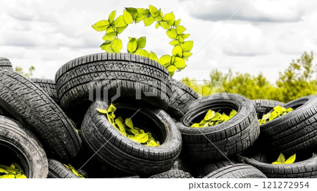 Sustainable Landscape Green Leaves Growing Among Recycled Tires Aai generative 121272954