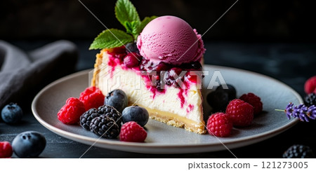 Delicious Cheesecake Slice with Berry Topping and Ice Cream Garnish Aai generative 121273005