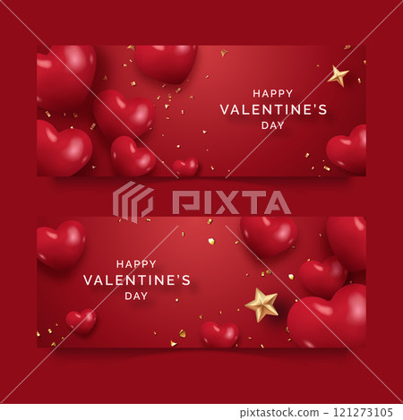 Valentines Day horizontal banners with hearts, golden stars, and confetti on a red background 121273105