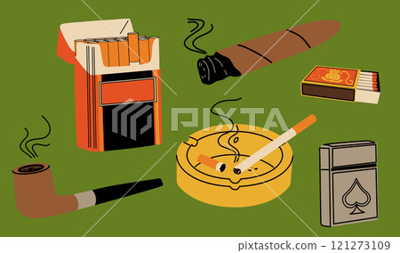 A set of tobacco smoking. Cigarettes, smoking pipe, ashtray, lighter. 121273109
