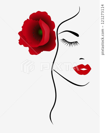 Beauty fashion woman portrait with a red poppy. 121273114