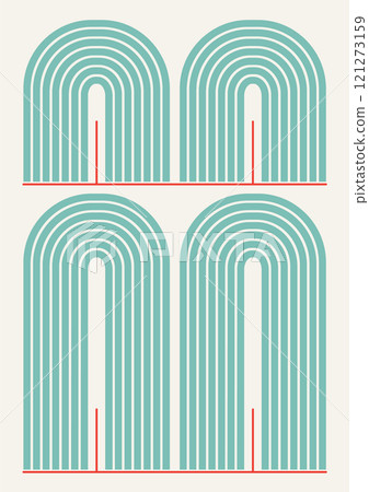 Minimalist aesthetic balancing shapes poster. Aesthetic print with arch stripes illustration collage Minimalist aesthetic balancing shapes poster. Aesthetic print with arch stripes illustration collage 121273159