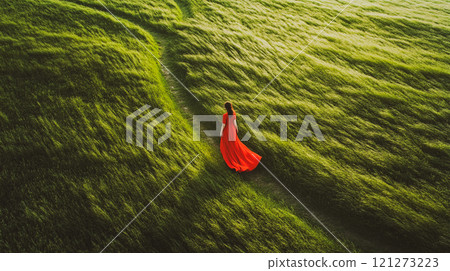 A young woman in a long red dress is running down a curvy path through a green meadow with green grass. Romantic girl in summer nature view from above This is AI-generated item A young woman in a long red dress is running down a curvy path through a green meadow with green grass. Romantic girl in summer nature view from above This is AI-generated item 121273223