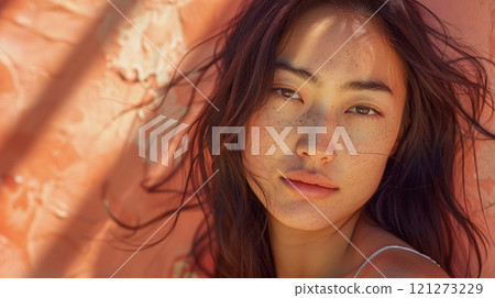 Beautiful model with Asian features and clear skin, dark hair on Fuzzy Peach background in sunlight. Charming brown-eyed Japanese girl. Natural beauty This is AI-generated item Beautiful model with Asian features and clear skin, dark hair on Fuzzy Peach background in sunlight. Charming brown-eyed Japanese girl. Natural beauty This is AI-generated item 121273229