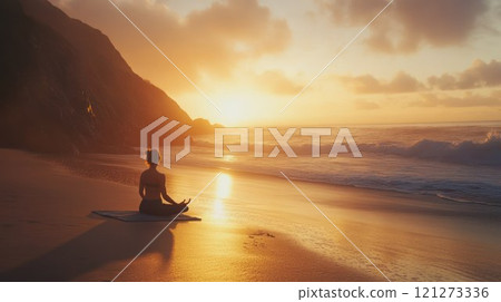 Serene sunset meditation on the beach. Serene sunset meditation on the beach. 121273336