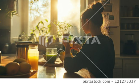Woman enjoying a healthy drink in sunlight. Woman enjoying a healthy drink in sunlight. 121273337