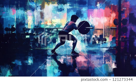 Athlete lifting weights in a vibrant gym setting. 121273344